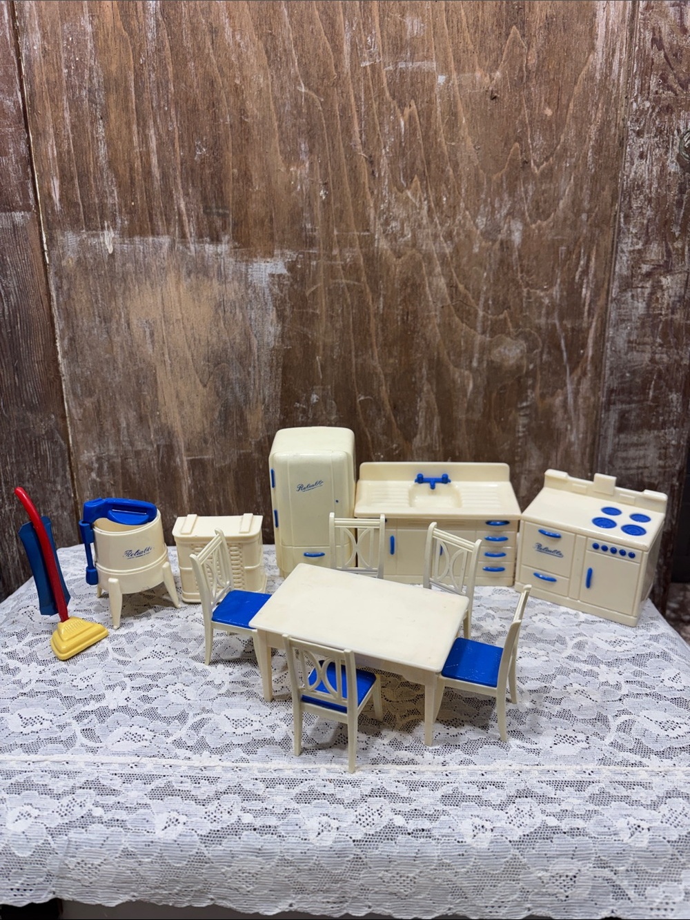 Cream and Blue Kids Play Kitchen Set with Table and Chairs